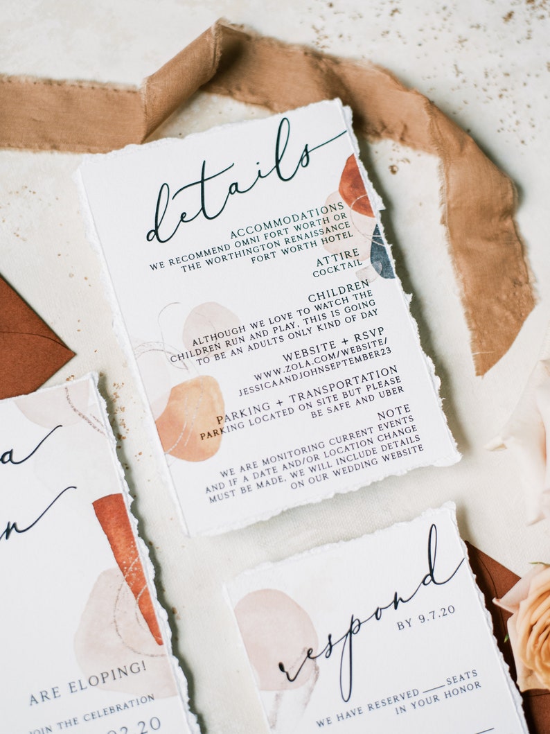 Boho Wedding Invitation with Abstract Shapes in Terra-Cotta, Sepia, Blush and Brown & Ripped Edges Details, RSVP and Address Printing image 7
