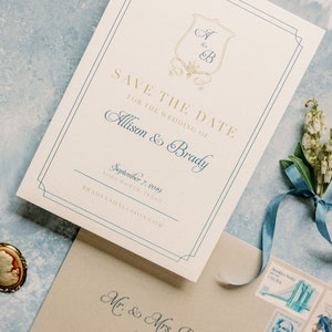 Classic & Traditional Wedding Save the Date with Monogram Crest in Navy Blue and Gold with Envelope and Guest Addressing Other Colors image 9