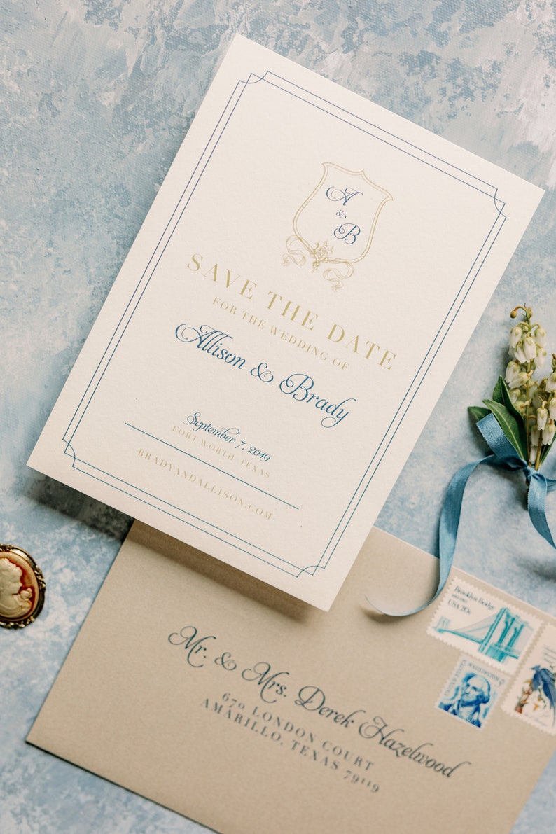 Classic & Traditional Wedding Save the Date with Monogram Crest in Navy Blue and Gold with Envelope and Guest Addressing Other Colors image 9