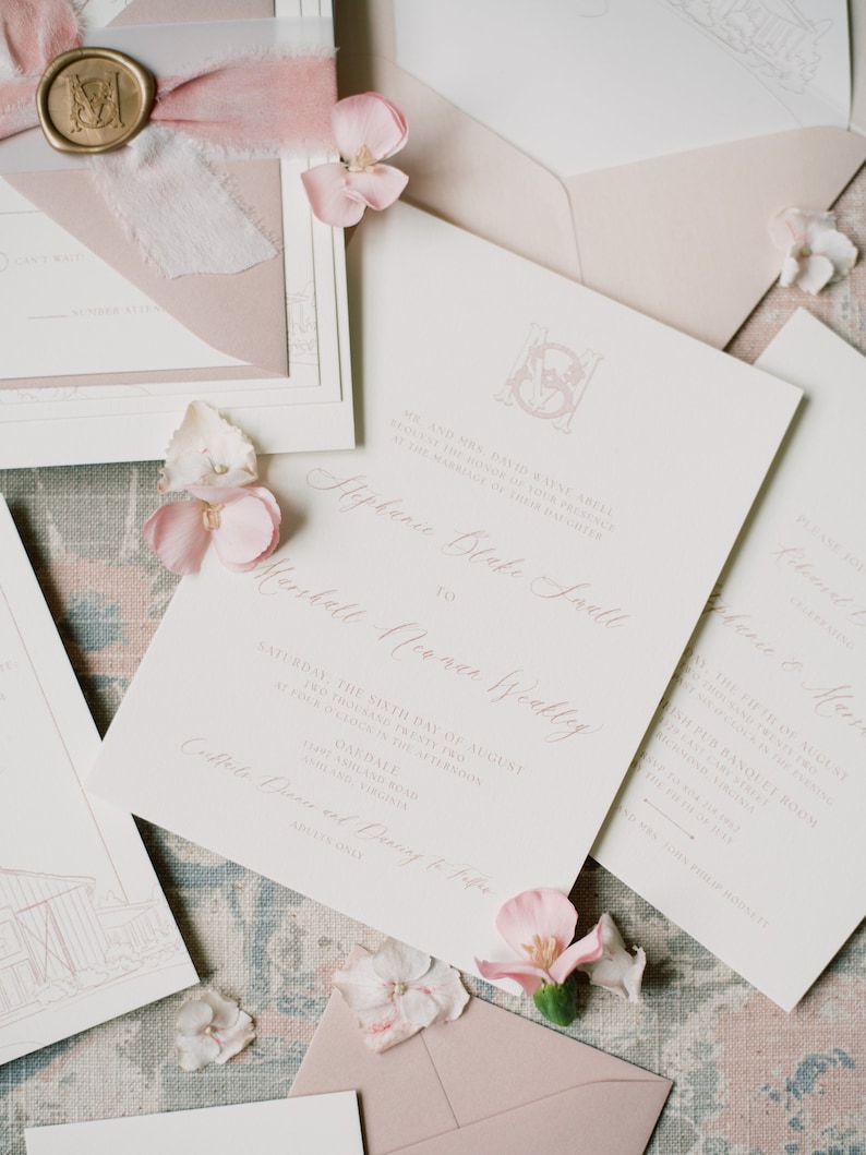 Wedding Invitation with Custom Venue Sketch Illustration in Pale Blush with Silk Ribbon and Gold Wax Seal Monogram Other Colors Available image 7