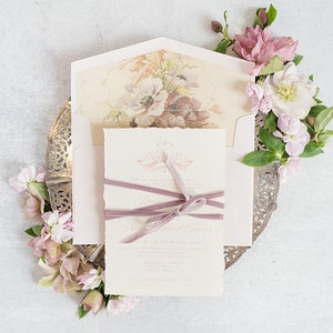 Crest Monogram Wedding Invitation on Ivory, Vintage Floral Liner in Lavender and Blush Pink with Purple Velvet Ribbon, Liner & Addressing