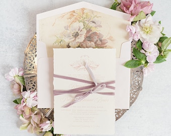 Crest Monogram Wedding Invitation on Ivory, Vintage Floral Liner in Lavender and Blush Pink with Purple Velvet Ribbon, Liner & Addressing