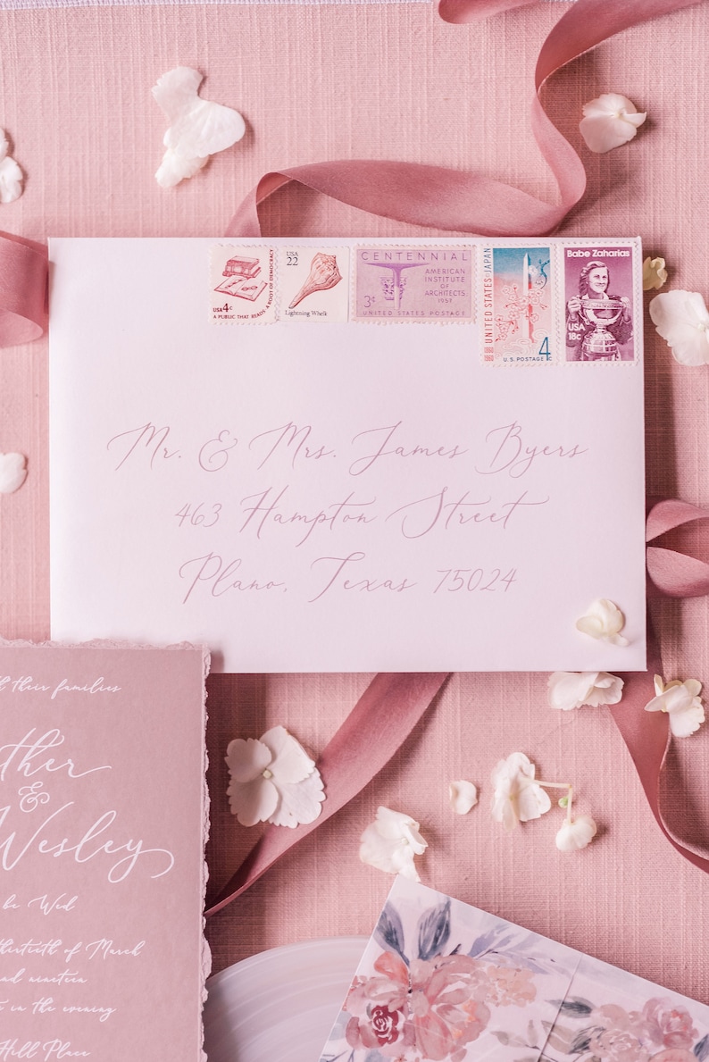 Other Colors Floral Vellum Wrap Wedding Invitation on Dusty Rose White Ink Calligraphy with Torn Edges and Wax Seal