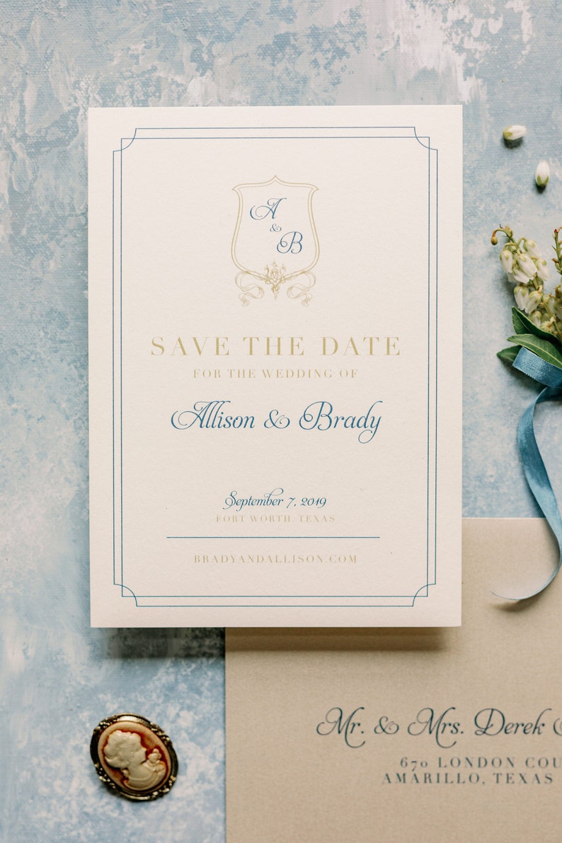 Classic & Traditional Wedding Save the Date with Monogram Crest in Navy Blue and Gold with Envelope and Guest Addressing Other Colors image 2