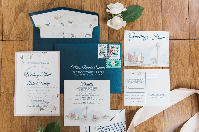 Dallas Skyline Themed Wedding Invitation in Navy Blue & Blush | Etsy