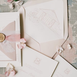 Wedding Invitation with Custom Venue Sketch Illustration in Pale Blush with Silk Ribbon and Gold Wax Seal Monogram Other Colors Available image 2
