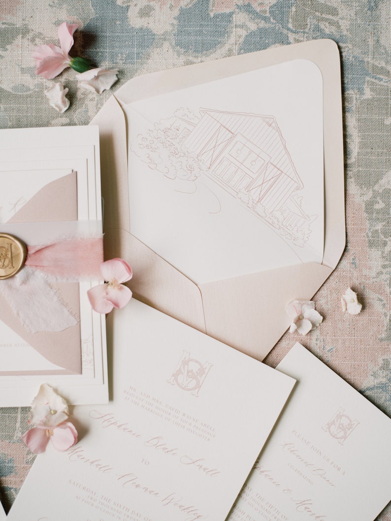 Wedding Invitation with Custom Venue Sketch Illustration in Pale Blush with Silk Ribbon and Gold Wax Seal Monogram Other Colors Available image 2