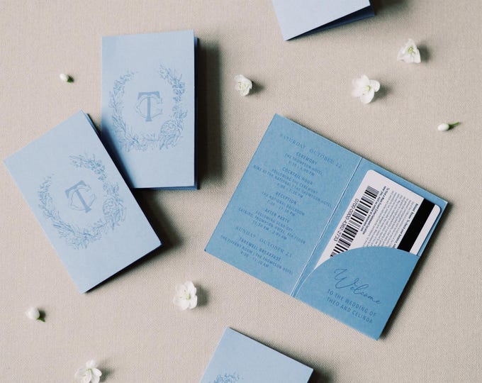 Custom Hotel Key Card Holders with Itinerary for Weddings and Events — Stylize with your Monogram and Colors!