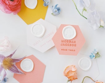 Hexagon Shaped Wedding Place Cards Escort Cards Cards with White Wax Seal with Guest Name in Pink, Yellow and Orange — Other Colors!