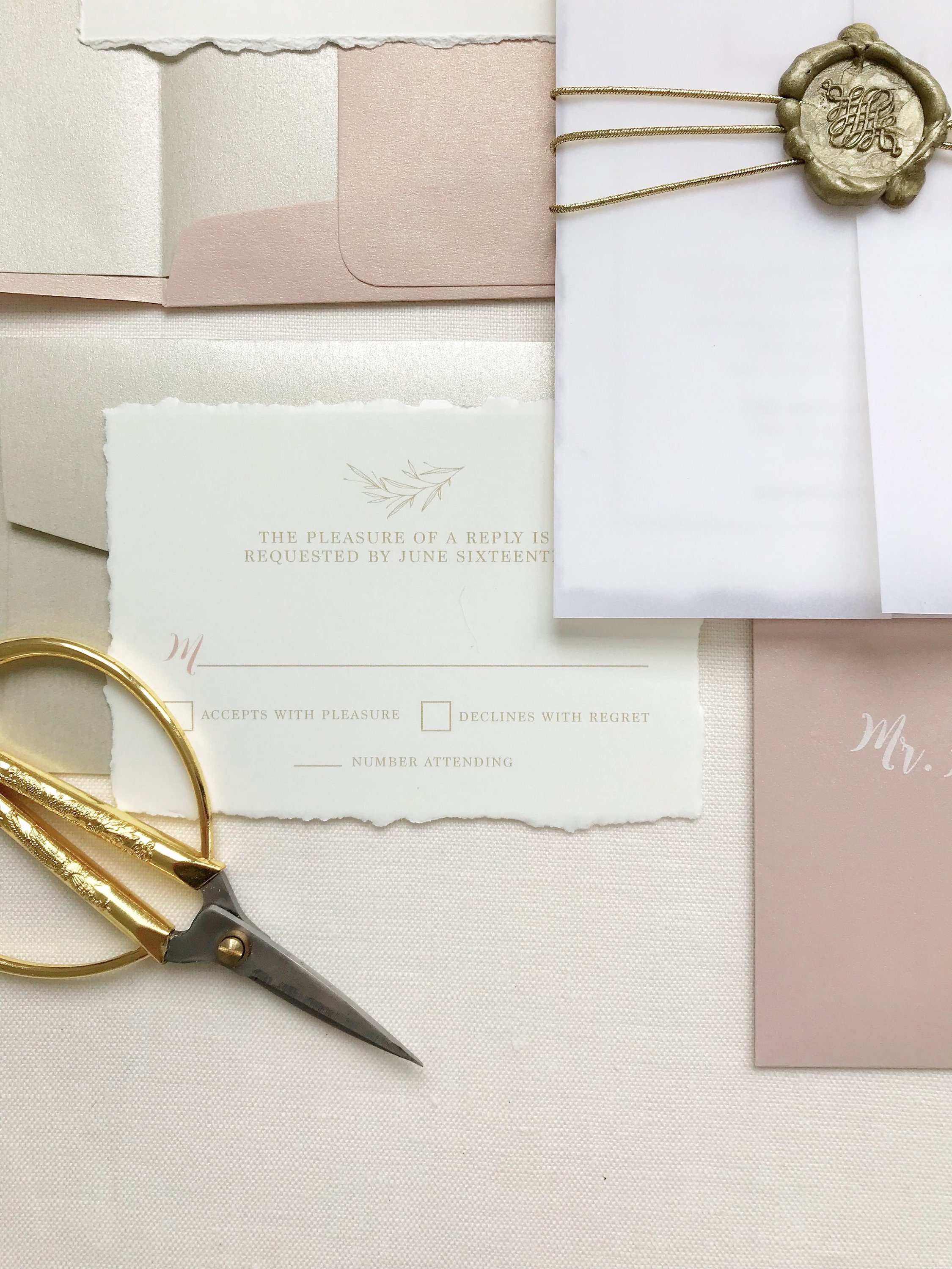 Vellum Modern Wedding Invitation with Monogram Crest and Calligraphy in