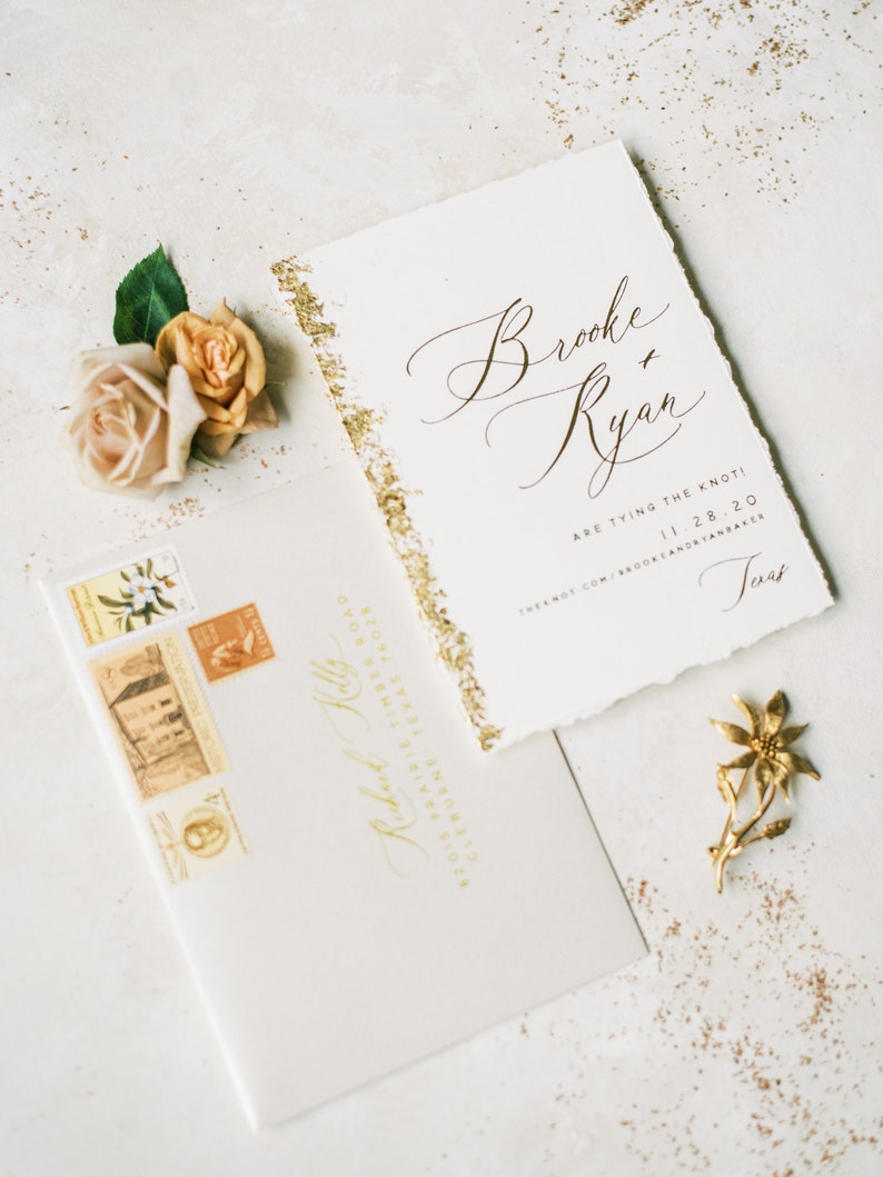 Modern Gold Foil Save the Date With Deckled Edges and Gilded Etsy