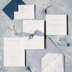 Navy & Dusty Blue Monogram Wedding Invitation with Traditional Formal Script, Details, Vellum Band, Liner + Address Printing — Other Colors!