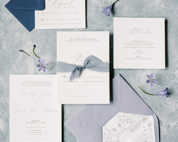 Navy & Dusty Blue Monogram Wedding Invitation with Traditional Formal Script, Details, Vellum Band, Liner + Address Printing — Other Colors!