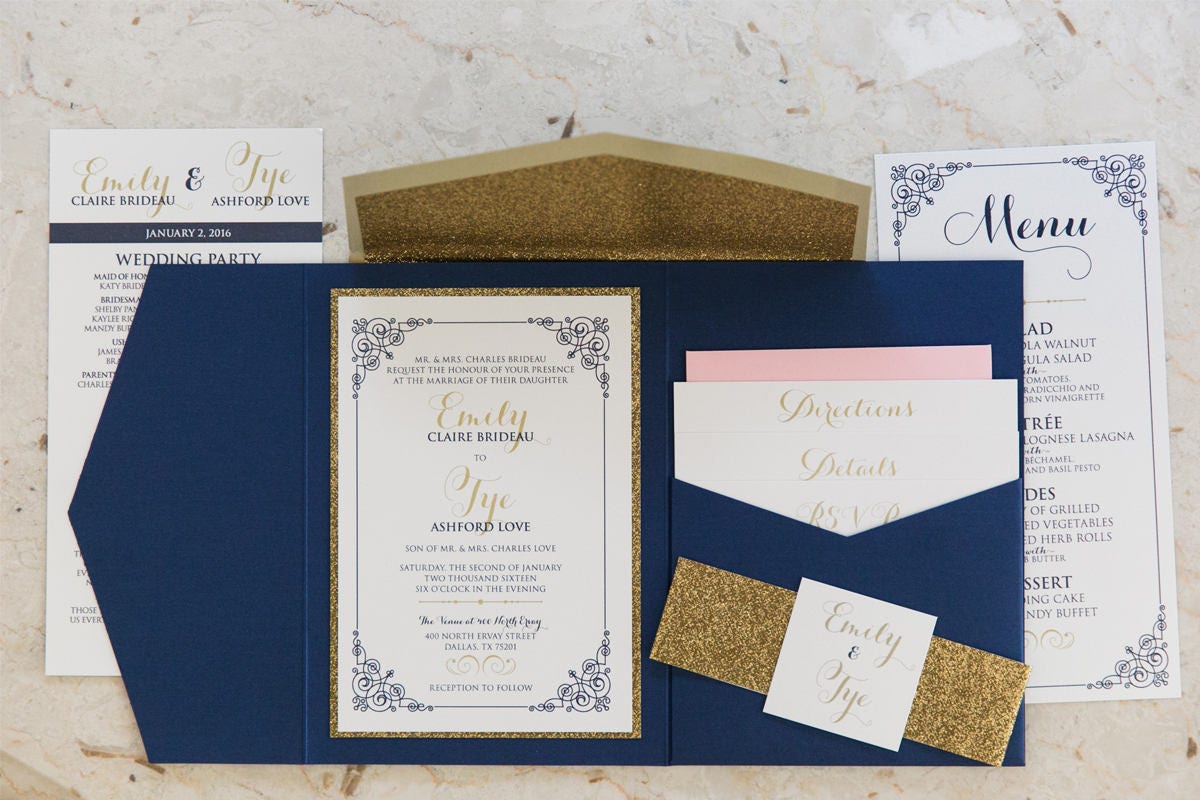 1 Navy pocket wedding invitation/RSVP/menu 'Amber' sample with gold glitter wrap 1 Navy pocket wedding invitation/RSVP/menu 'Amber' sample with gold glitter wrap