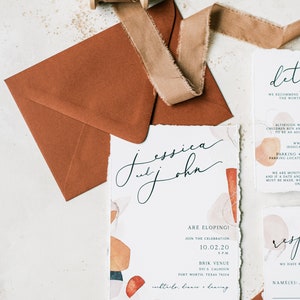 Boho Wedding Invitation with Abstract Shapes in Terra-Cotta, Sepia, Blush and Brown & Ripped Edges Details, RSVP and Address Printing image 6