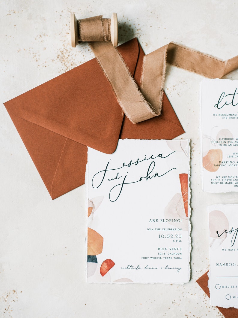 Boho Wedding Invitation with Abstract Shapes in Terra-Cotta, Sepia, Blush and Brown & Ripped Edges Details, RSVP and Address Printing image 6