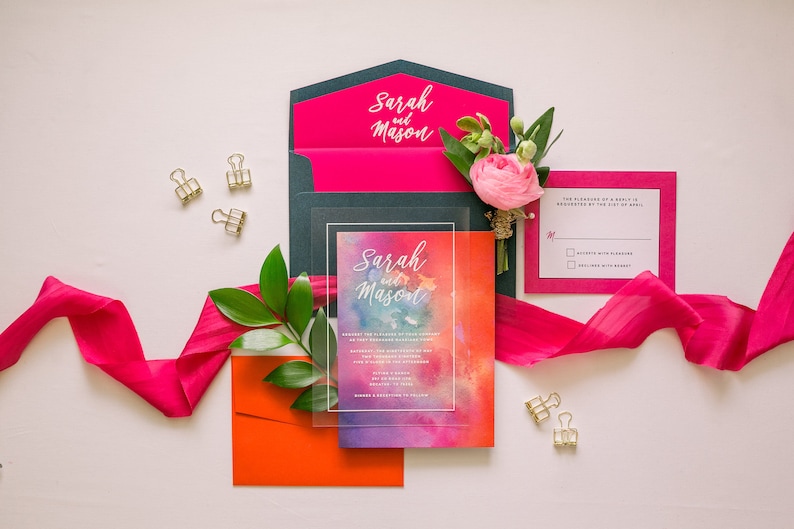 Modern White Ink Wedding Invitation on Crystal Clear Film Transparent Like Acrylic with Bright Colorful Water Color Liner & Addressing image 1