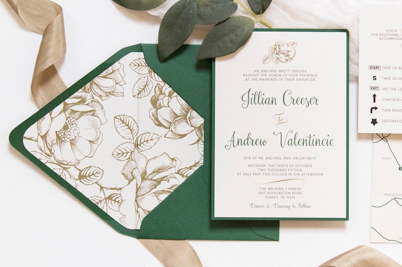 5x7 Metallic Gold Floral & Forest Green Wedding Invitation with Directions Insert, Postcard RSVP and Envelope Liner. Different Color Options image 1