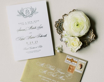 Classic & Formal, Gold Foil Save the Date with Custom Monogram Crest + Envelope and Guest Addressing — Different Colors Available!