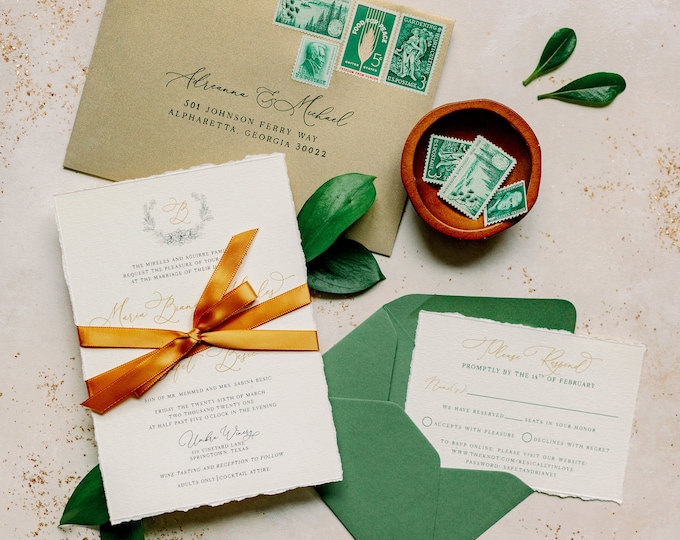 Line Drawn Floral Wreath Wedding Invitation with Rough Edges in Emerald Green and Gold with Satin Ribbon — Different Colors Available!