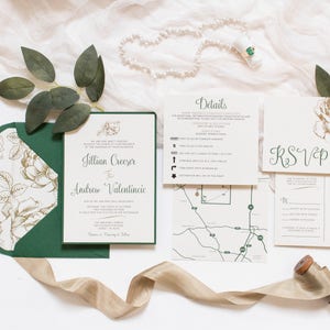 5x7 Metallic Gold Floral & Forest Green Wedding Invitation with Directions Insert, Postcard RSVP and Envelope Liner. Different Color Options image 8