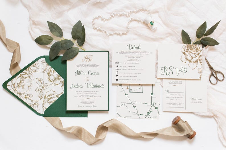 5x7 Metallic Gold Floral & Forest Green Wedding Invitation with Directions Insert, Postcard RSVP and Envelope Liner. Different Color Options image 8