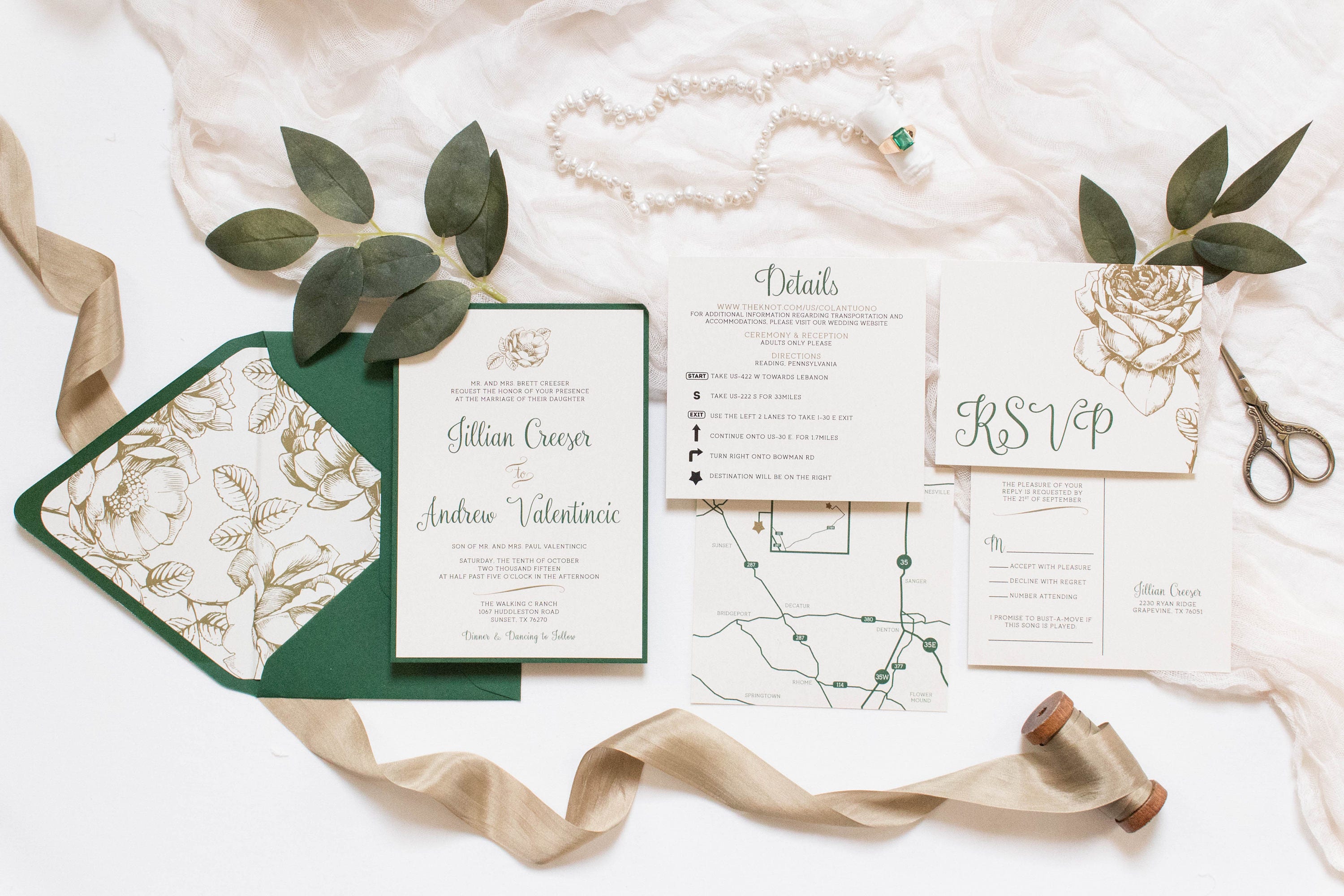 SAMPLE 5x7 Metallic Gold Floral & Forest Green Wedding Invitation with  Directions Insert, Postcard RSVP and Envelope Liner