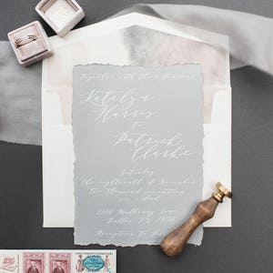 Deckled Edges Calligraphy Wedding Invitation White Ink on Gray Paper, Modern & Minimal with Wax Seal Envelope Liner and Address Printing image 2