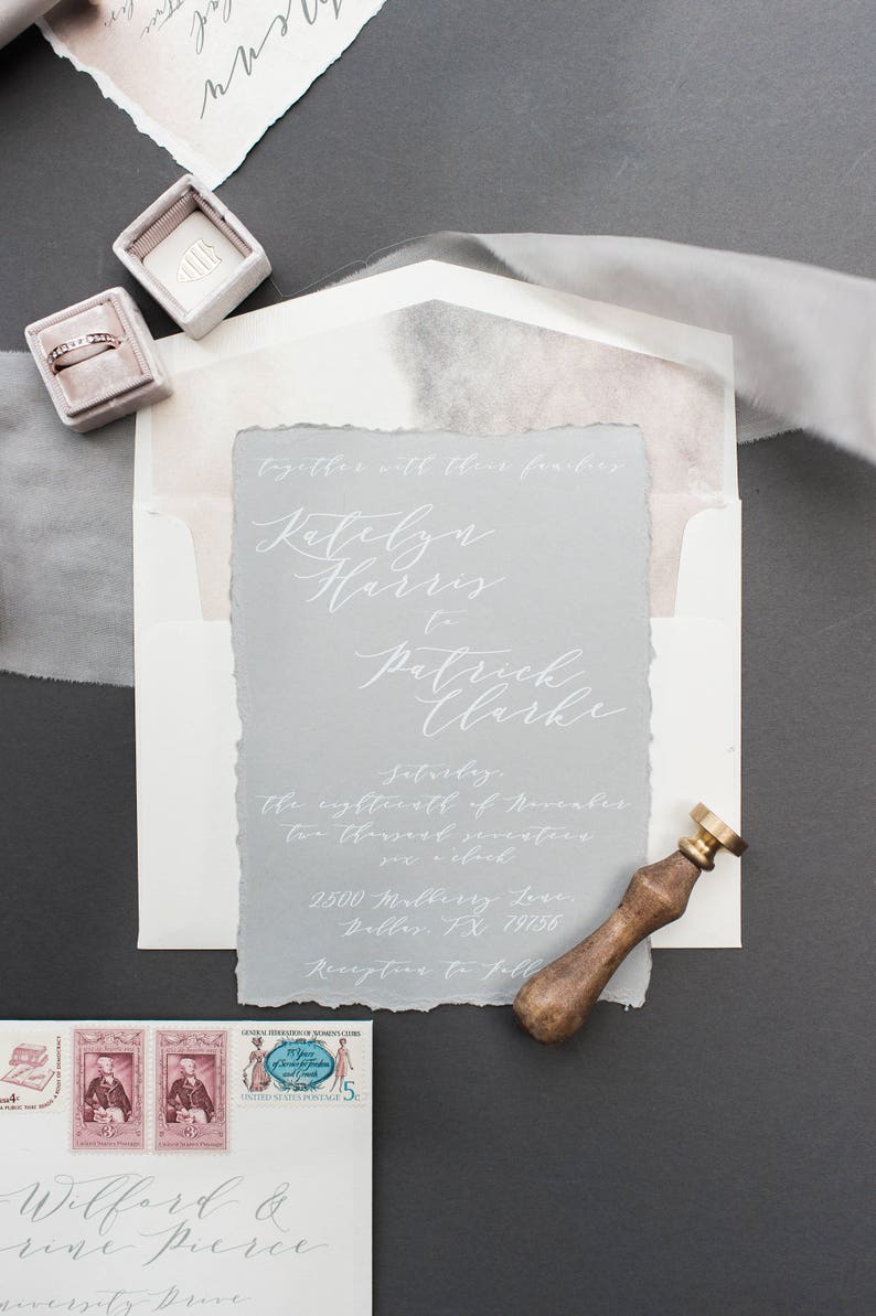 Deckled Edges Calligraphy Wedding Invitation White Ink on Gray Paper, Modern & Minimal with Wax Seal Envelope Liner and Address Printing image 2