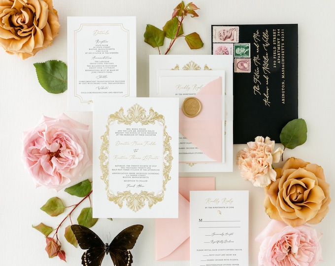 Formal Foil Stamped and Letterpress Wedding Invitation, Vellum Band, Wax Seal, Floral Liner + Addressing in Gold, Black & Pink — More Colors