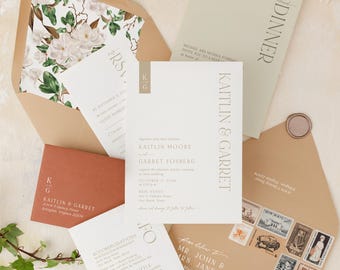 Modern Monogram Initials Wedding Invitation in Taupe, Rust, Sepia and White with Magnolias Envelope Liner and Wax Seal — Other Color Options