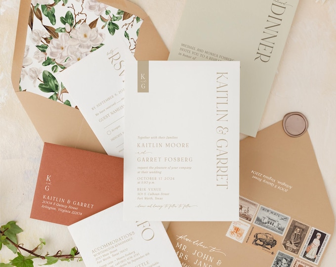 Modern Monogram Initials Wedding Invitation in Taupe, Rust, Sepia and White with Magnolias Envelope Liner and Wax Seal — Other Color Options