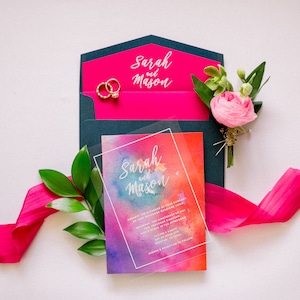 Modern White Ink Wedding Invitation on Crystal Clear Film Transparent Like Acrylic with Bright Colorful Water Color Liner & Addressing image 10