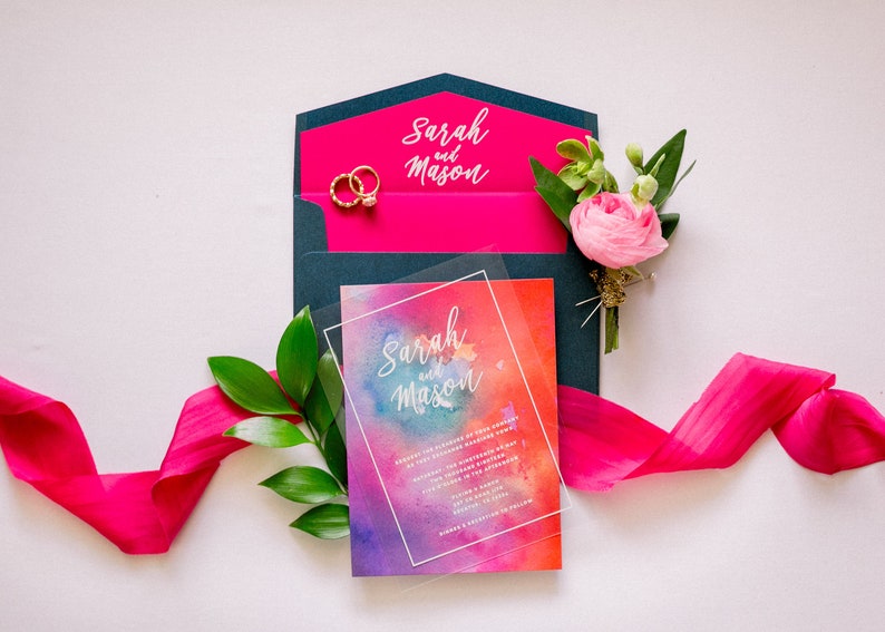 Modern White Ink Wedding Invitation on Crystal Clear Film Transparent Like Acrylic with Bright Colorful Water Color Liner & Addressing image 10