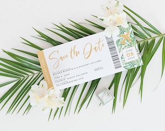 Travel Boarding Pass Save the Date for Destination Wedding with Tropical Palm Tree Leaves in Green and Gold with Perforated Side, Addressing