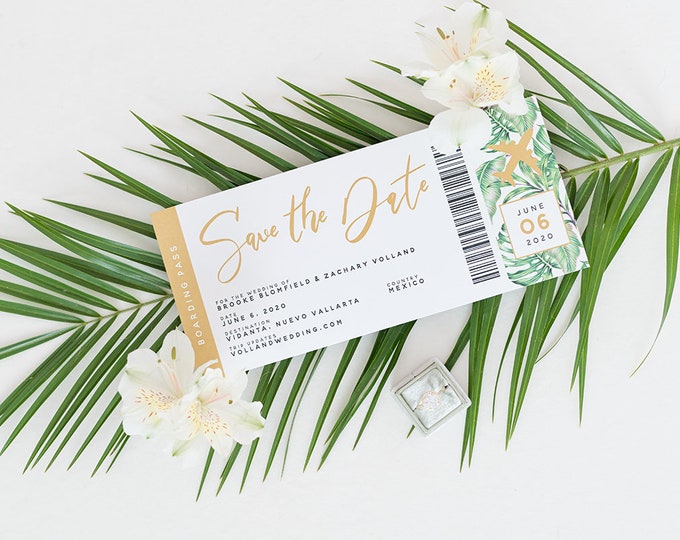 Travel Boarding Pass Save the Date for Destination Wedding with Tropical Palm Tree Leaves in Green and Gold with Perforated Side, Addressing