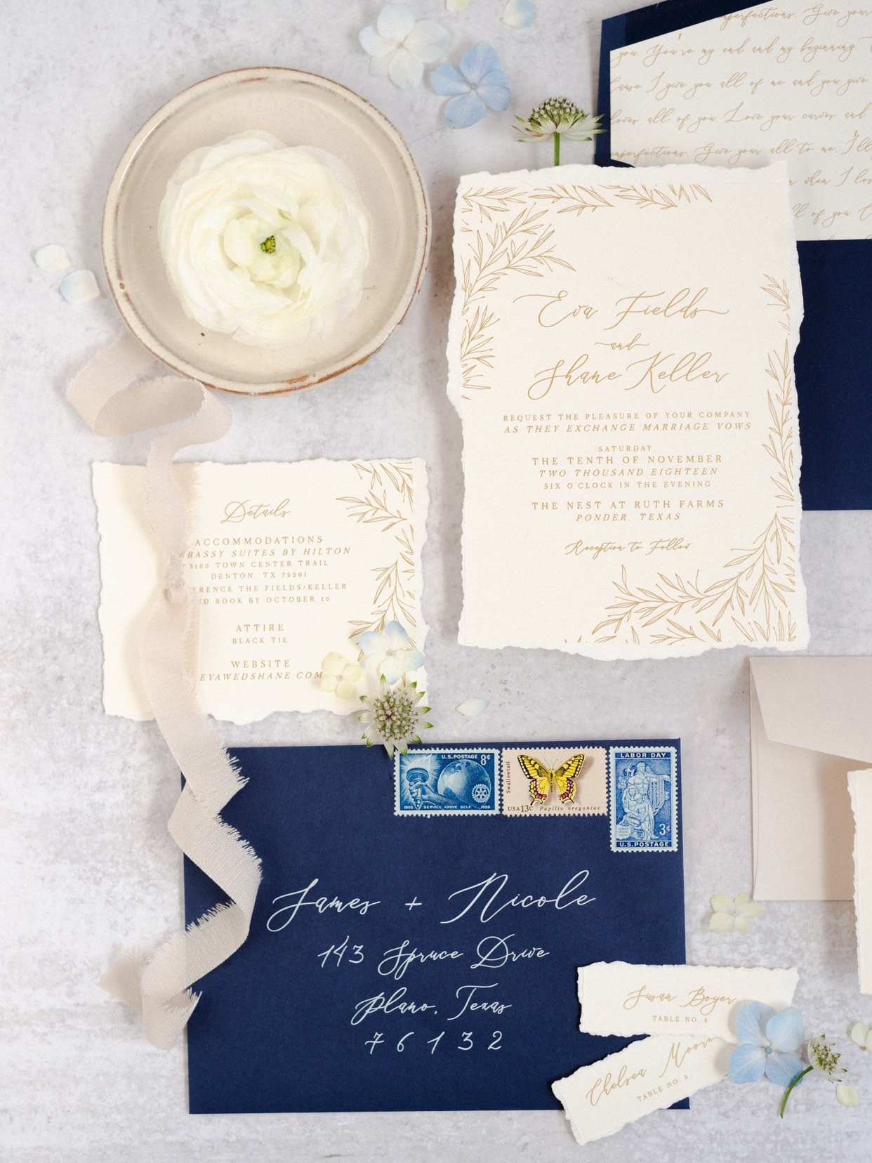 Romantic Ribbon Wedding Invitations in Dusty Blue