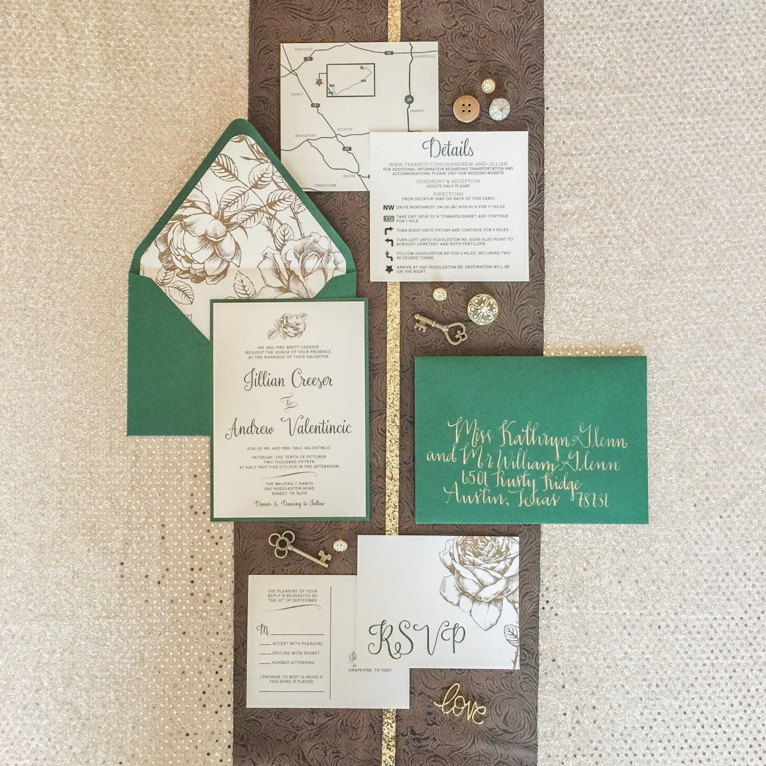 SAMPLE 5x7 Metallic Gold Floral & Forest Green Wedding Invitation with  Directions Insert, Postcard RSVP and Envelope Liner