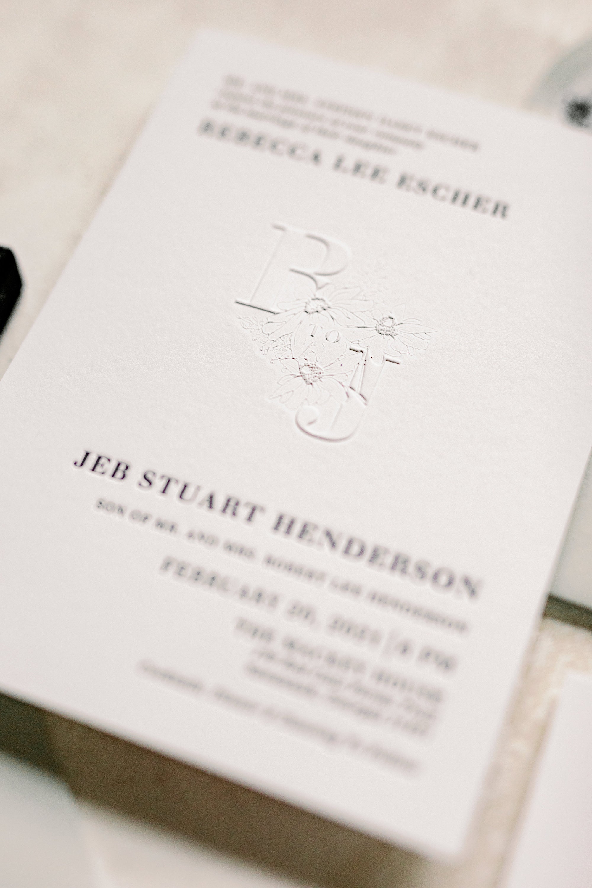 Minimal Wedding Invitation printed with Black Letterpress, Blind