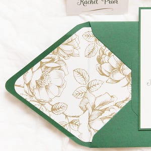 5x7 Metallic Gold Floral & Forest Green Wedding Invitation with Directions Insert, Postcard RSVP and Envelope Liner. Different Color Options image 10