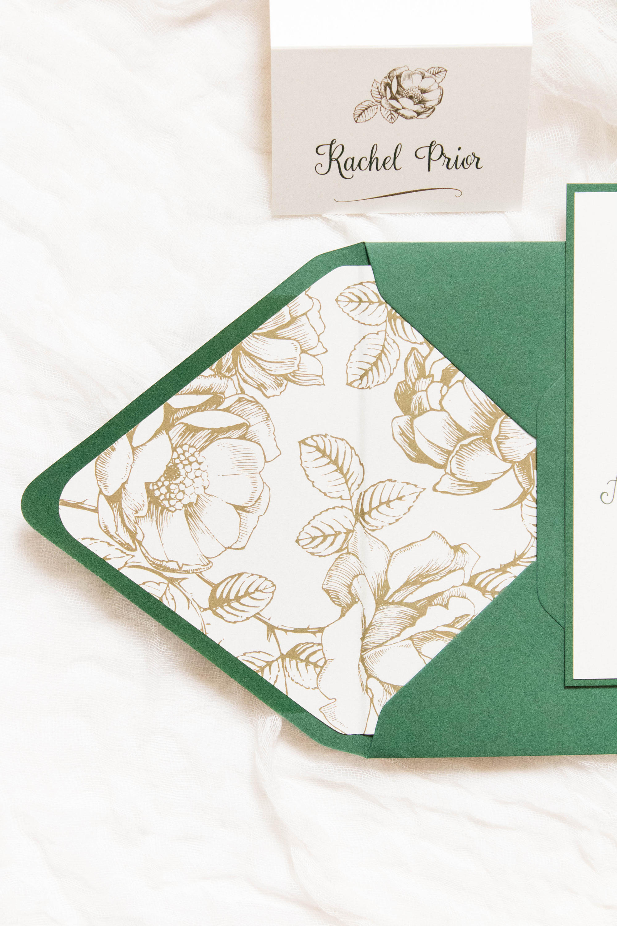 5x7 Metallic Gold Floral & Forest Green Wedding Invitation with Directions  Insert, Postcard RSVP and Envelope Liner. Different Color Options