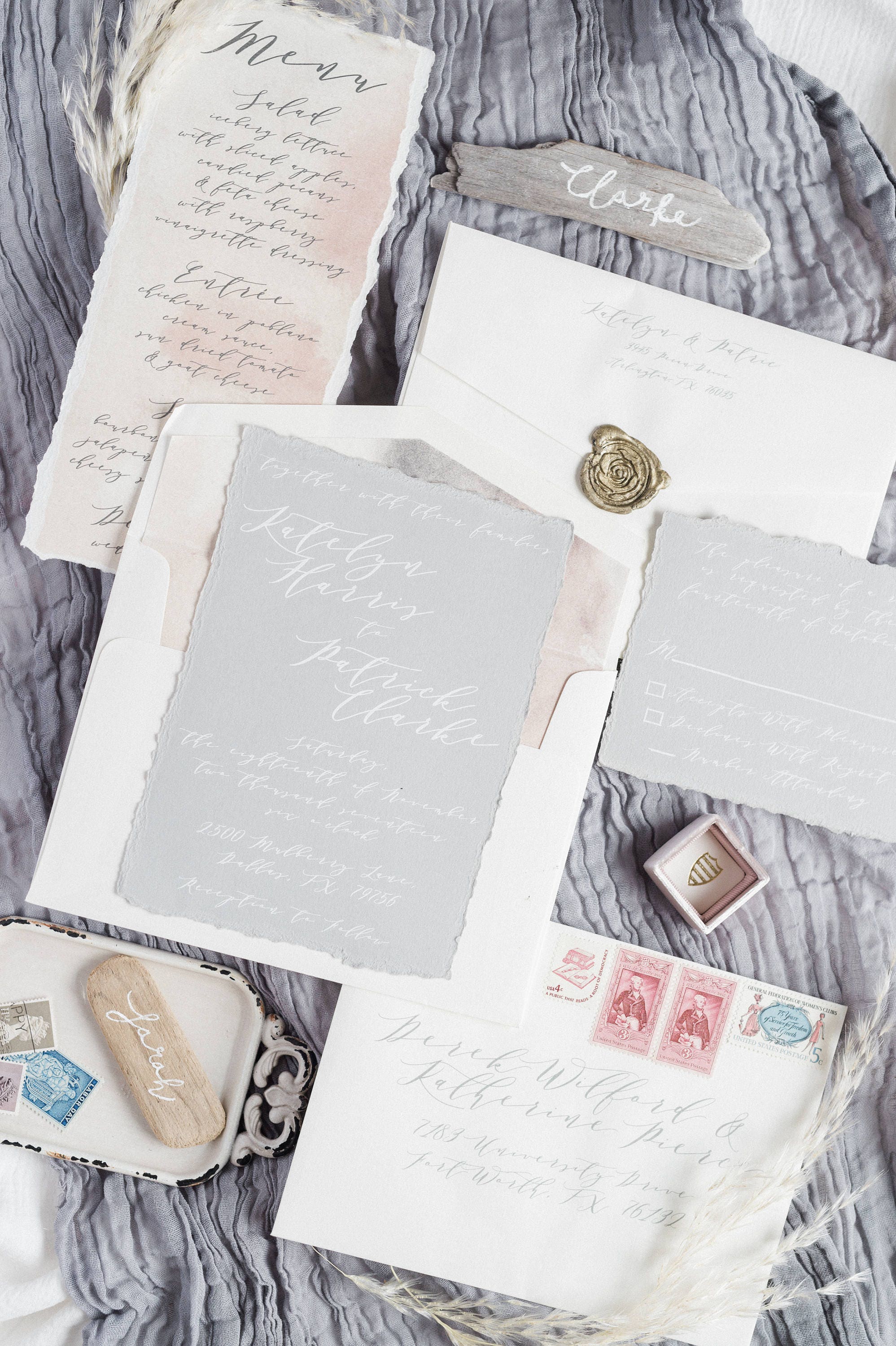 Deckled Edge Handmade Paper Wedding Invitations Letterpress Printed Gray —  Sofia Invitations and Prints