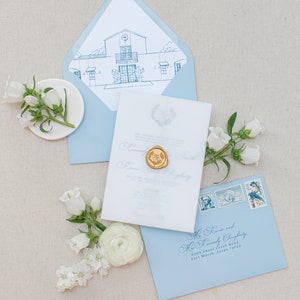Wedding Venue Custom Sketch Illustration Invitation with Vellum Wrap in Pale Blue with Gold Wax Seal and Monogram - Other Colors Available!