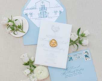 Wedding Venue Custom Sketch Illustration Invitation with Vellum Wrap in Pale Blue with Gold Wax Seal and Monogram - Other Colors Available!
