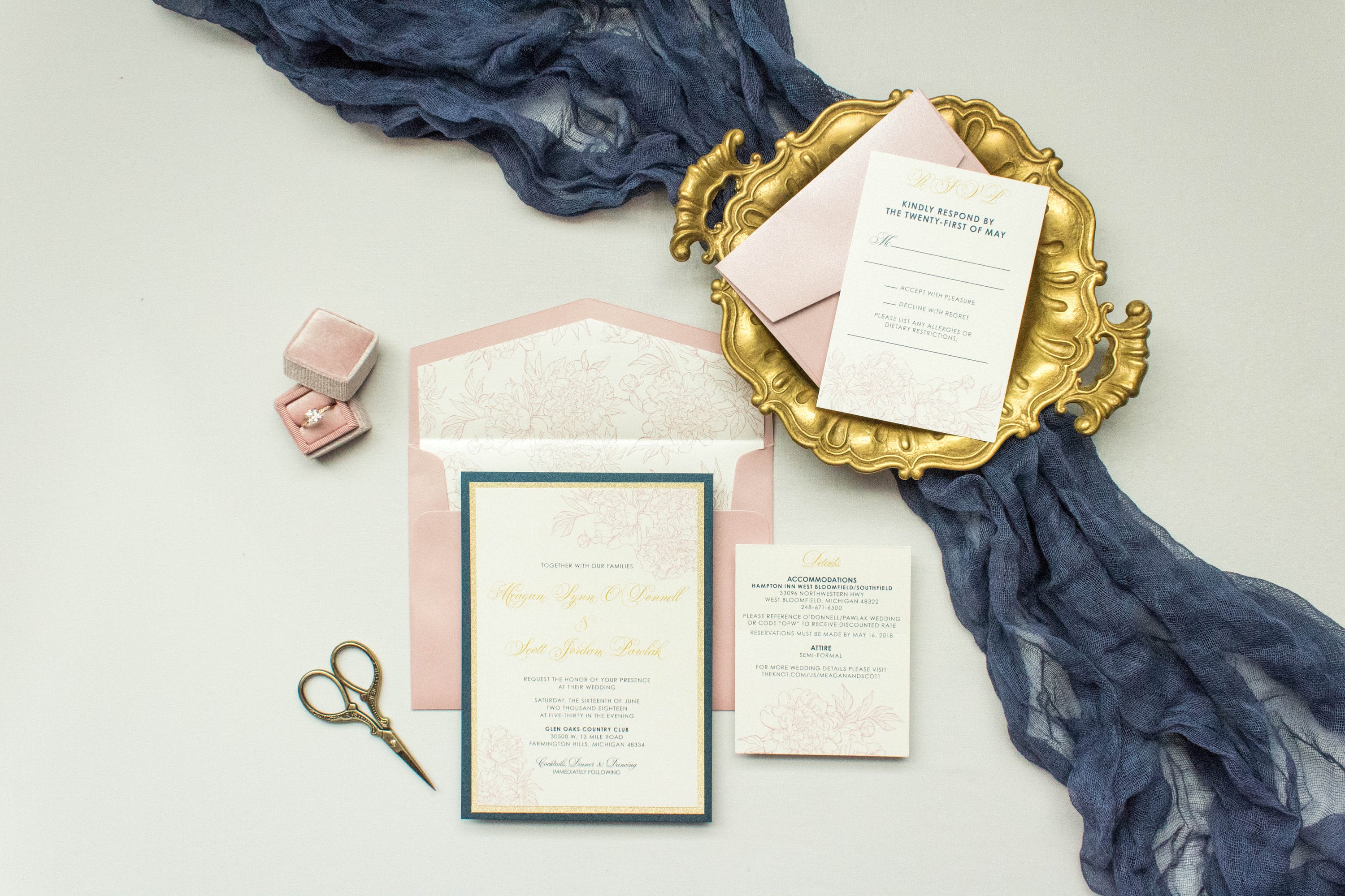 ADD ON ORDER Elegant Formal Navy Blue, Gold Glitter and Pink Blush Layered  Wedding Invitation, Envelope Liner, Rsvp & Inserts