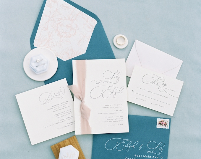 Simple + Clean Minimal Wedding Invitation with Blush Silk Ribbon With Cobalt Blue Envelopes and Floral Envelope Liner — Different Colors