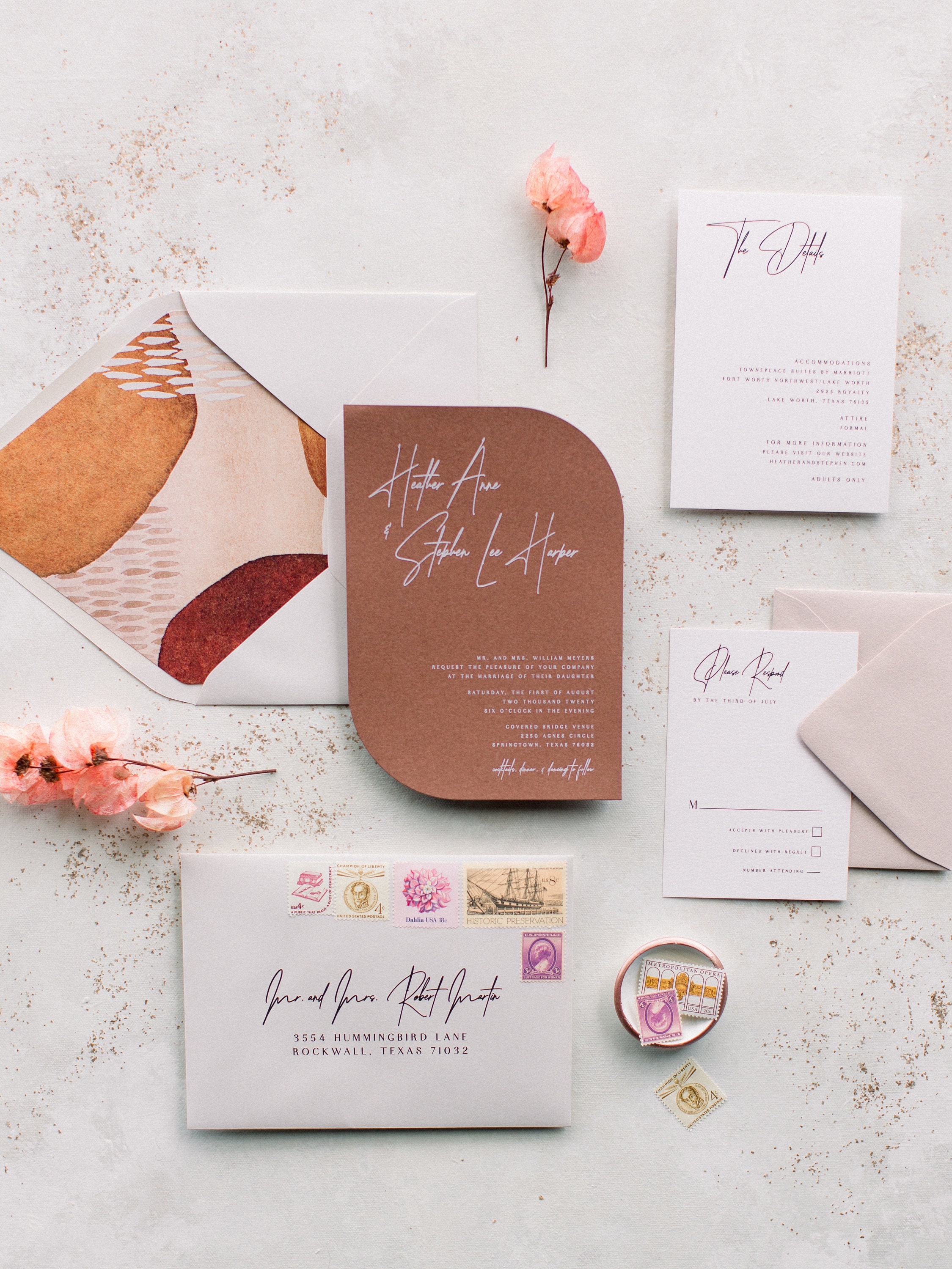 Travel-inspired wedding invitation with B Dunlap calligraphy - 100  Layer Cake