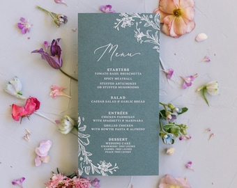 White ink on Slate Blue Line Drawn Floral Wedding Menu with Simple Modern Calligraphy Script — Available in Other Colors!