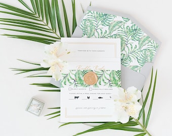 Formal, Tropical Beach Wedding Invitation Featuring Palm Tree Leaves, Gold Wax Seal on Vellum Belly Band & Guest Printing - Other Colors