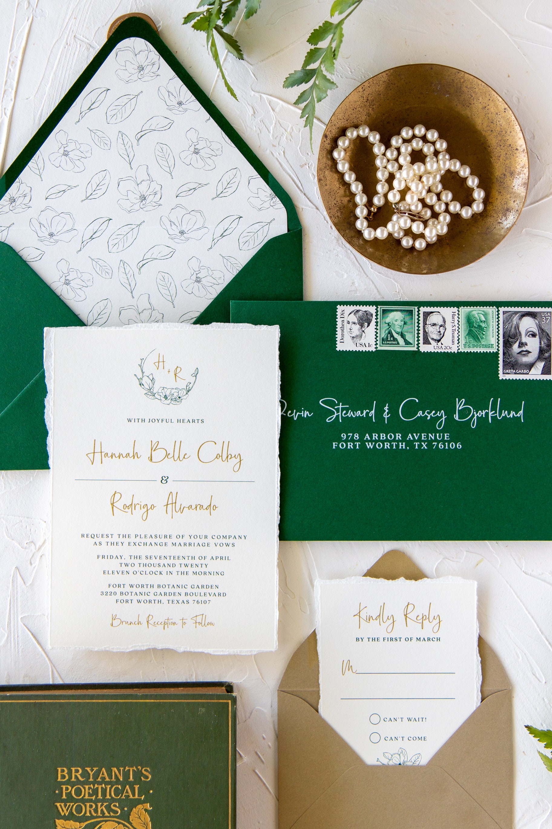 SAMPLE 5x7 Metallic Gold Floral & Forest Green Wedding Invitation with  Directions Insert, Postcard RSVP and Envelope Liner